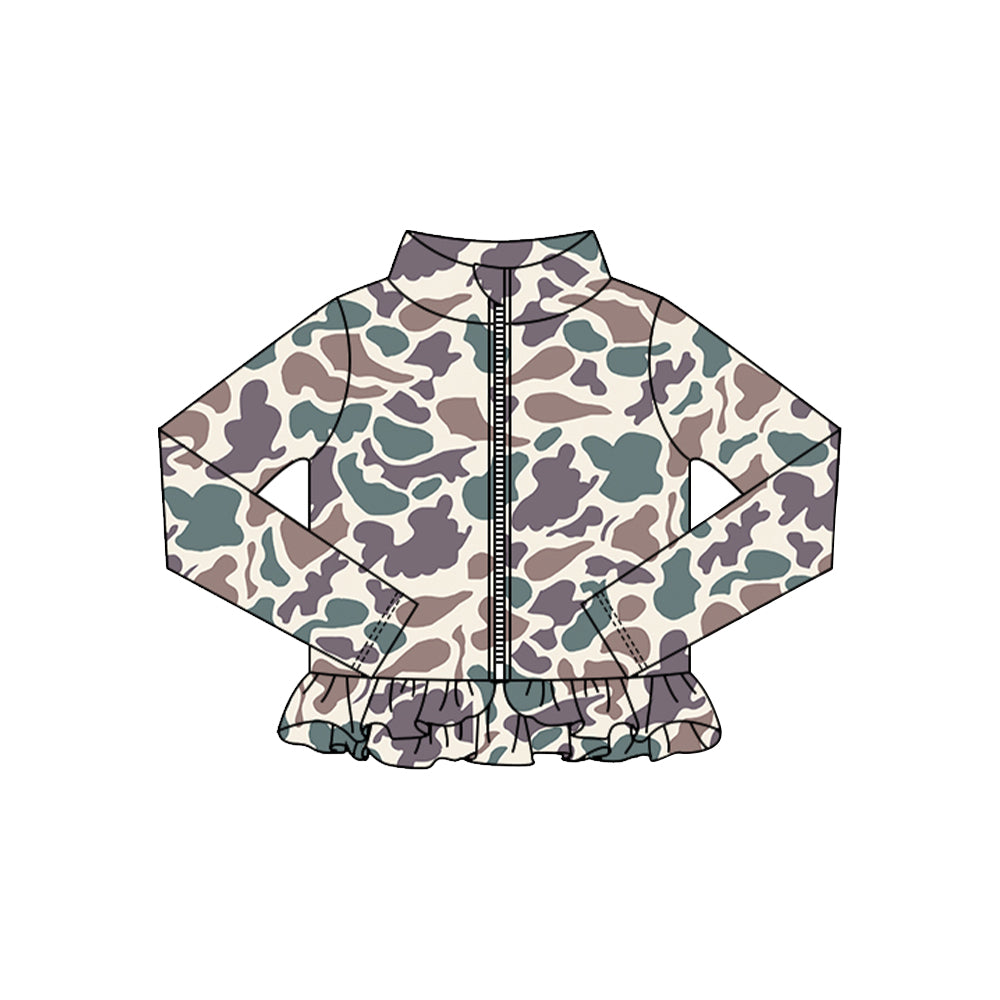 (Pre-order)GT1314 Purple Camo Girls Yoga Zipper Ruffles Jackets Top