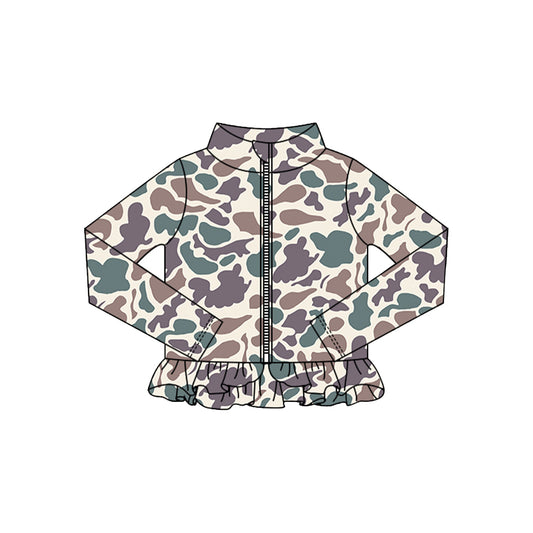 (Pre-order)GT1314 Purple Camo Girls Yoga Zipper Ruffles Jackets Top