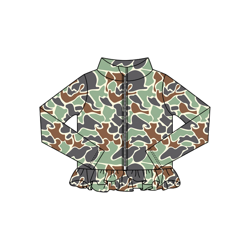 (Pre-order)GT1318 Green Camo Girls Yoga Zipper Ruffles Jackets Top