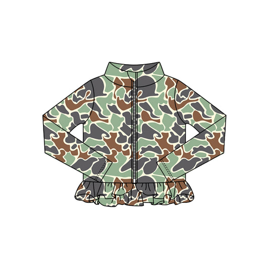 (Pre-order)GT1318 Green Camo Girls Yoga Zipper Ruffles Jackets Top