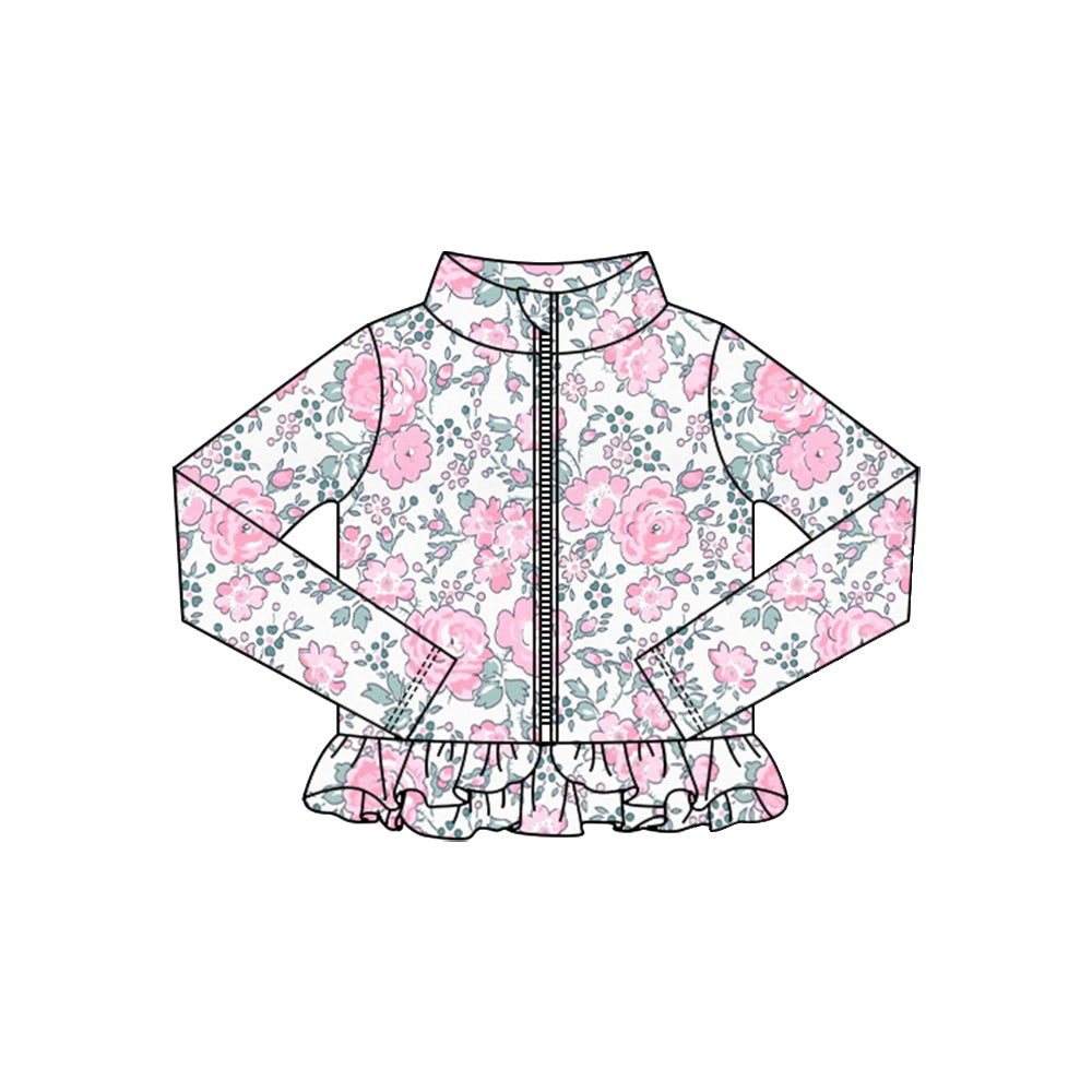 (Pre-order)GT1322 Pink Flowers Girls Yoga Zipper Ruffles Jackets Top