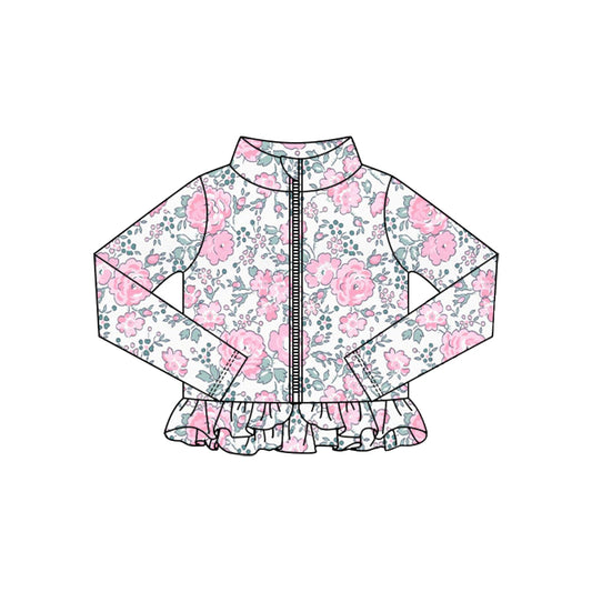 (Pre-order)GT1322 Pink Flowers Girls Yoga Zipper Ruffles Jackets Top