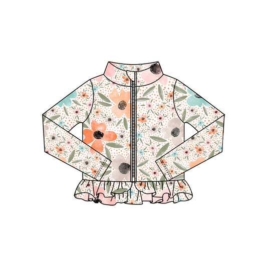 (Pre-order)GT1327 Colorful Flowers Girls Yoga Zipper Ruffles Jackets Top