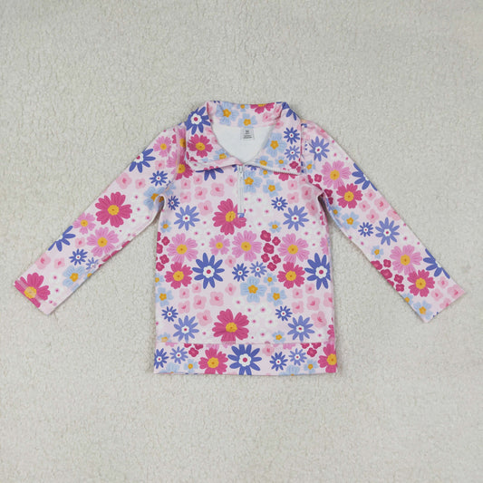 GT1373 Hot Pink Flowers Print Girls Zipper Yoga Pullover Top