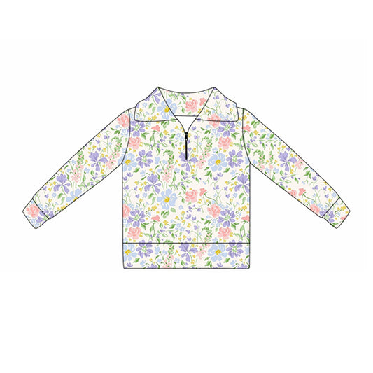 (Pre-order)GT1375 Colorful Flowers Print Girls Zipper Yoga Pullover Top