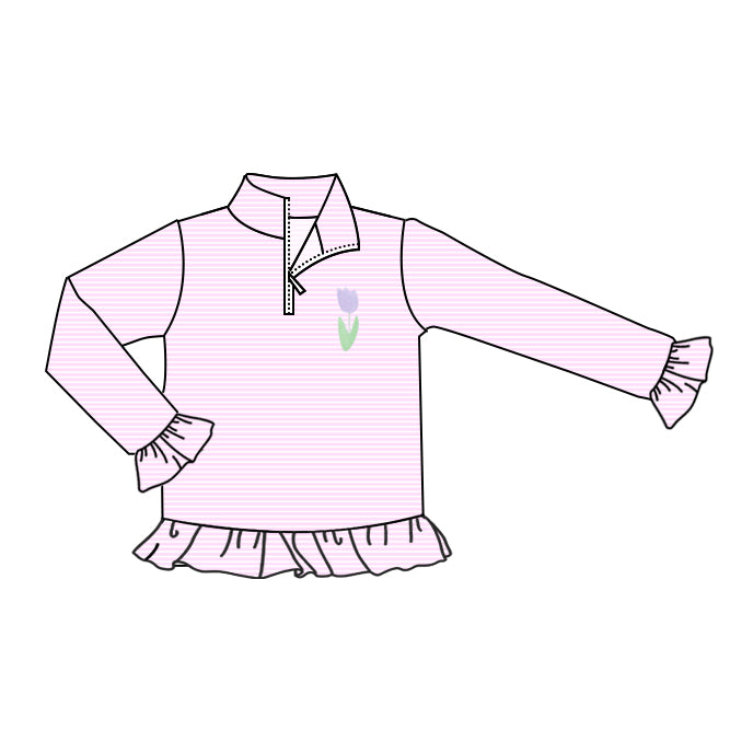 (Pre-order)GT1392 Flowers Pink Stripes Print Girls Zipper Pullover Top