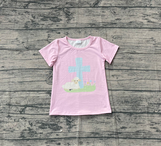 (Pre-order)GT1394 Cross Pink Print Girls Easter Tee Shirts Top