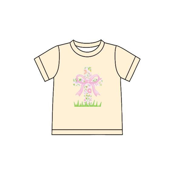 (Pre-order)GT1397 Cross Flowers Bow Print Girls Easter Tee Shirts Top