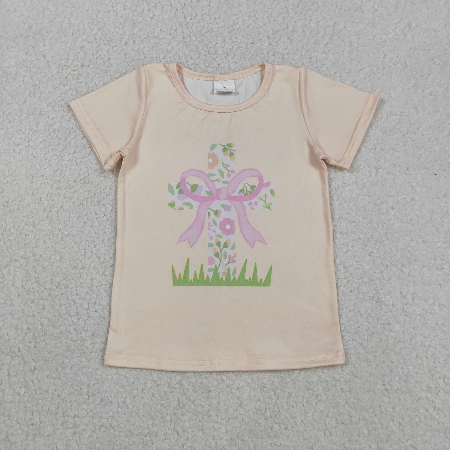 GT1397 Cross Flowers Bow Print Girls Easter Tee Shirts Top