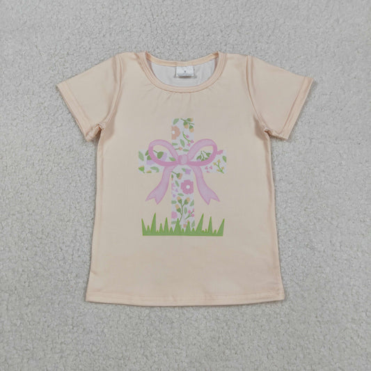 GT1397 Cross Flowers Bow Print Girls Easter Tee Shirts Top
