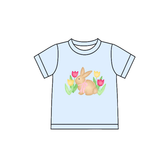 (Pre-order)GT1398 Bunny Flowers Blue Print Girls Easter Tee Shirts Top