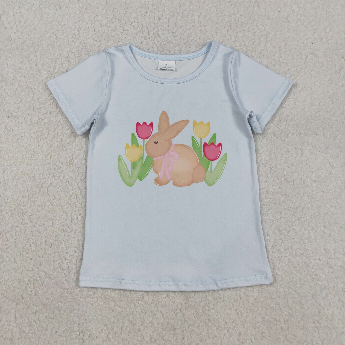 GT1398 Bunny Flowers Blue Print Girls Easter Tee Shirts Top