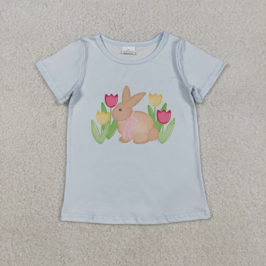 GT1398 Bunny Flowers Blue Print Girls Easter Tee Shirts Top