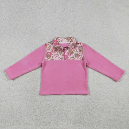 GT1504 Fries Hearts Pink Print Girls Valentine's Day Zipper Thick Pullover Top