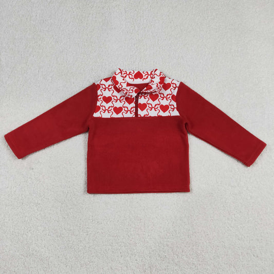 GT1505 Hearts Bows Red Print Girls Valentine's Day Zipper Thick Pullover Top