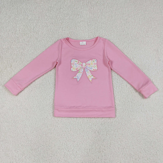 GT1537 Bow Embroidery Pink Flowers Print Girls Long Sleeve Tee Shirts Top