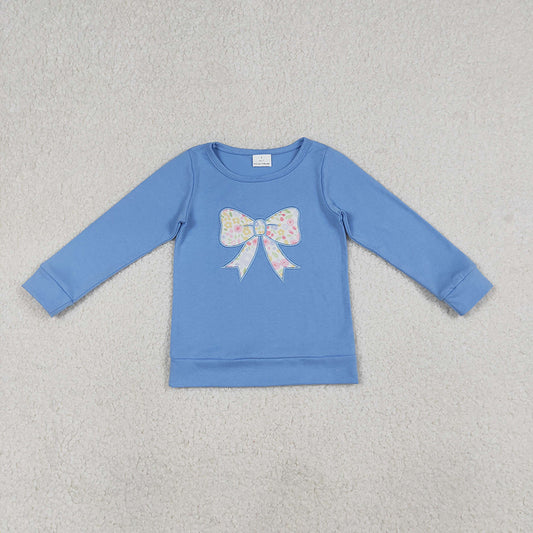 GT1538 Bow Embroidery Blue Flowers Print Girls Long Sleeve Tee Shirts Top