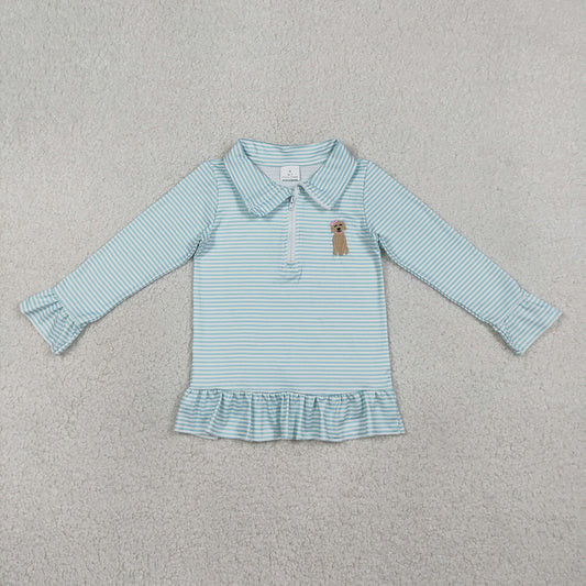 GT1543 Puppy Embroidery Blue Stripes Print Girls Zipper Pullover Top