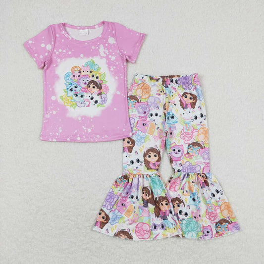 GSPO1372 Cartoon Cat Pink Print Bell Pants Girls Clothes Set