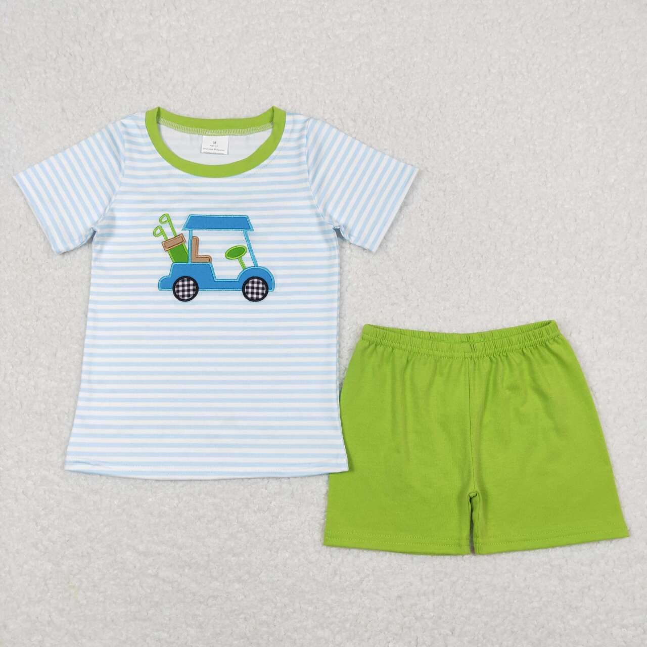 BSSO0394  Golf Car Embroidery Stripes Top Green Shorts Boys Summer Clothes Set