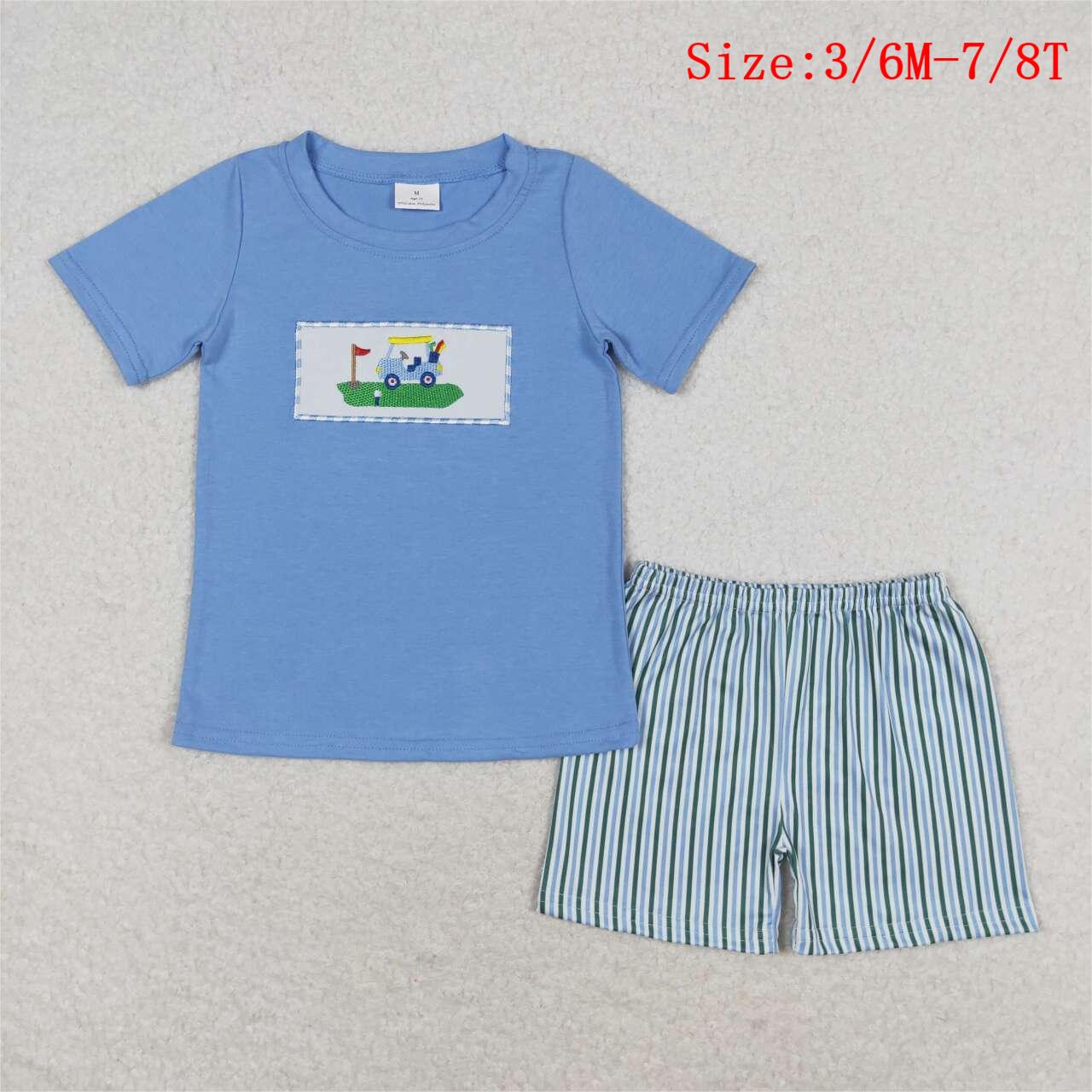 BSSO0616 Golf Truck Embroidery Blue Top Boys Summer Clothes Set