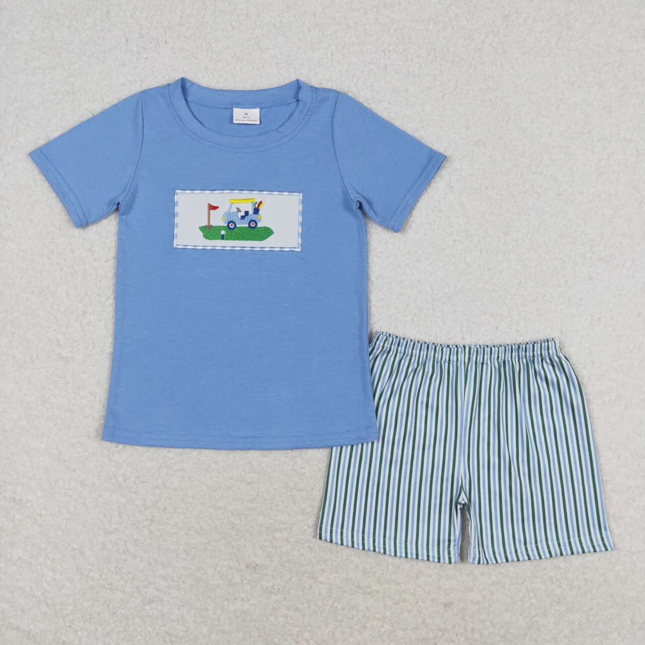 BSSO0616 Golf Truck Embroidery Blue Top Boys Summer Clothes Set