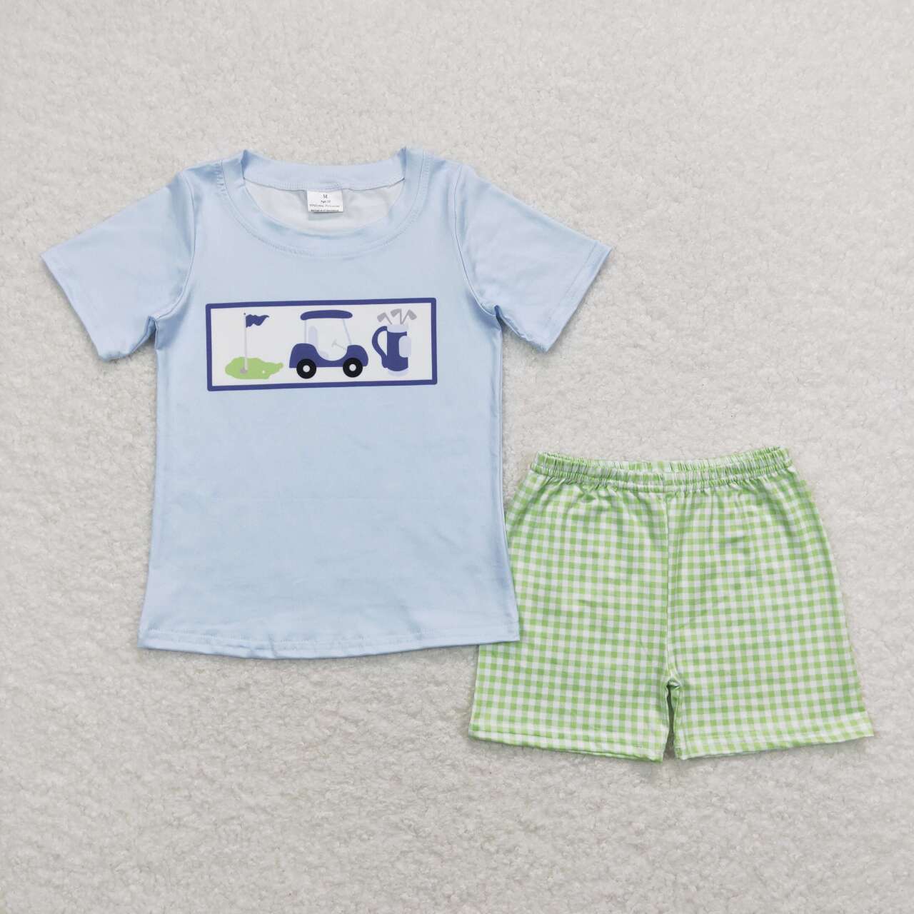 BSSO0697  Golf Truck Blue Top Plaid Shorts Boys Summer Clothes Set