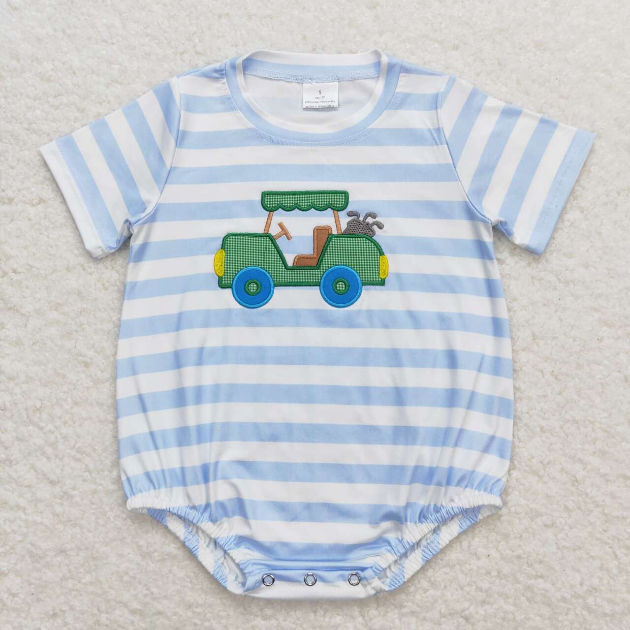 SR0795 Golf Truck Embroidery Blue Stripes Baby Boys Summer Romper