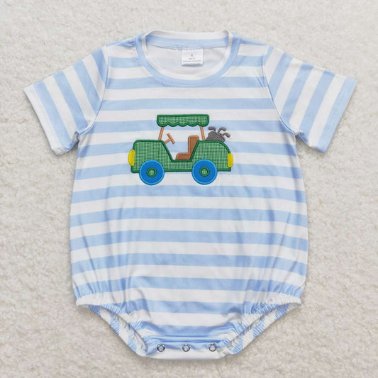 SR0795 Golf Truck Embroidery Blue Stripes Baby Boys Summer Romper