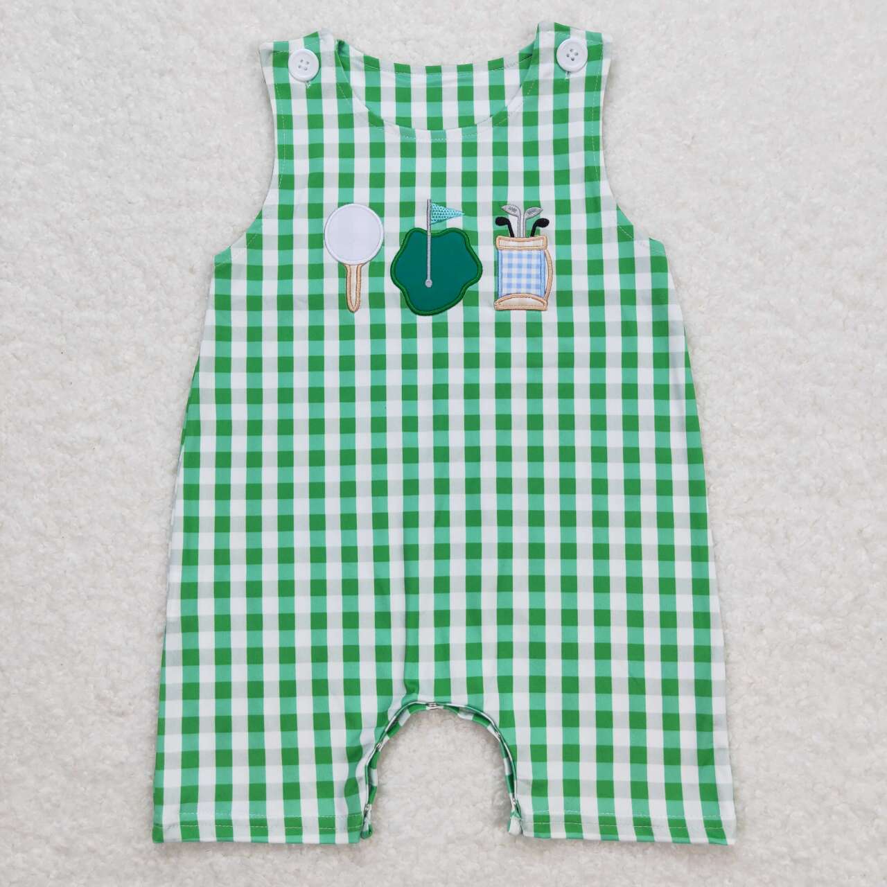 SR0796 Golf Embroidery Green Plaid Baby Boys Summer Romper