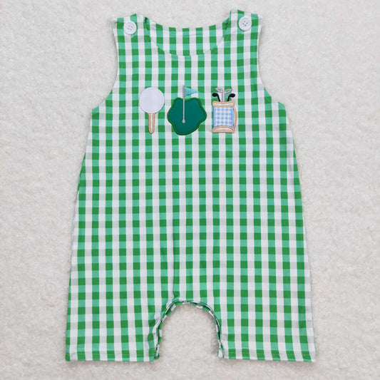 SR0796 Golf Embroidery Green Plaid Baby Boys Summer Romper