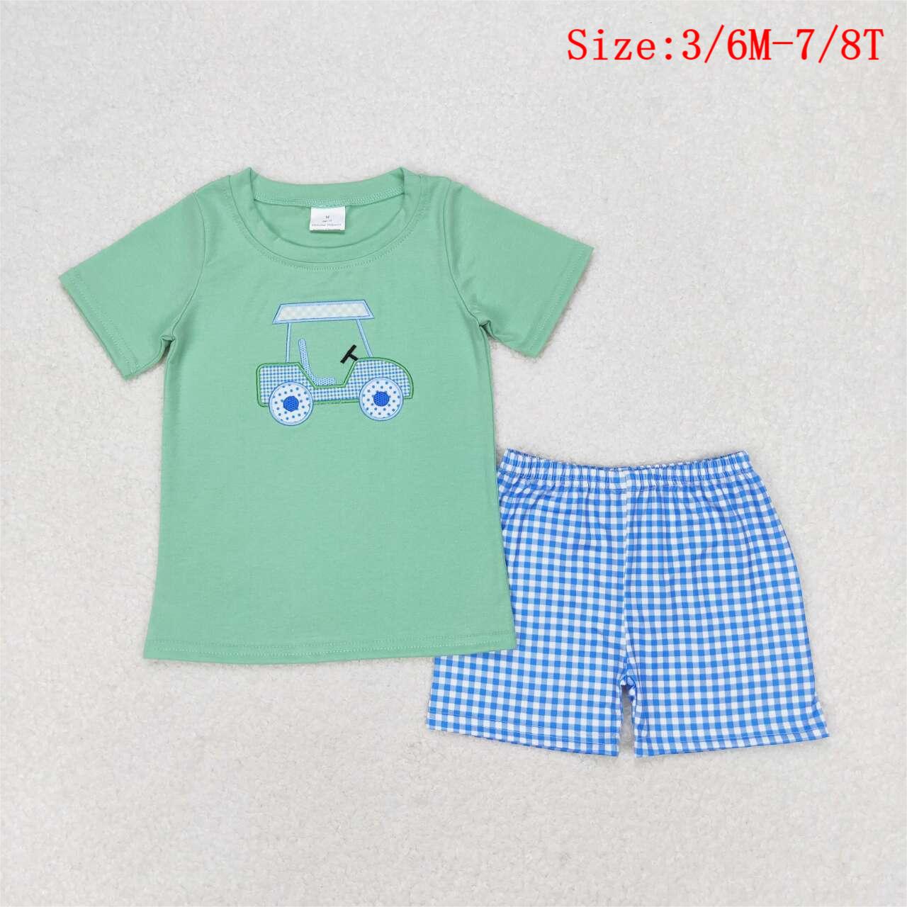 BSSO0692  Golf Truck Embroidery Top Blue Plaid Shorts Boys Summer Clothes Set