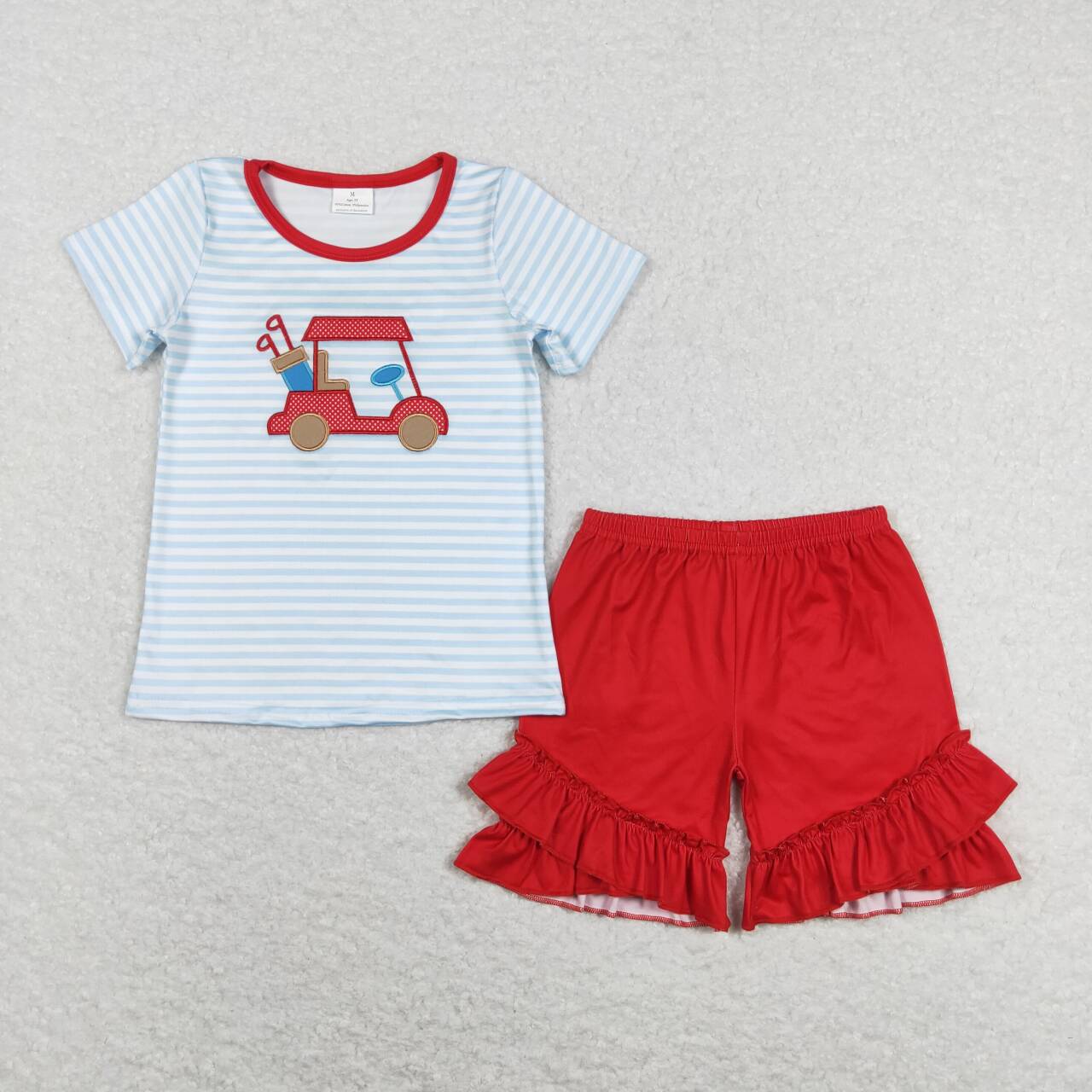 GSSO0432  Club Car Embroidery Stripes Top Red Shorts Girls Summer Clothes Set