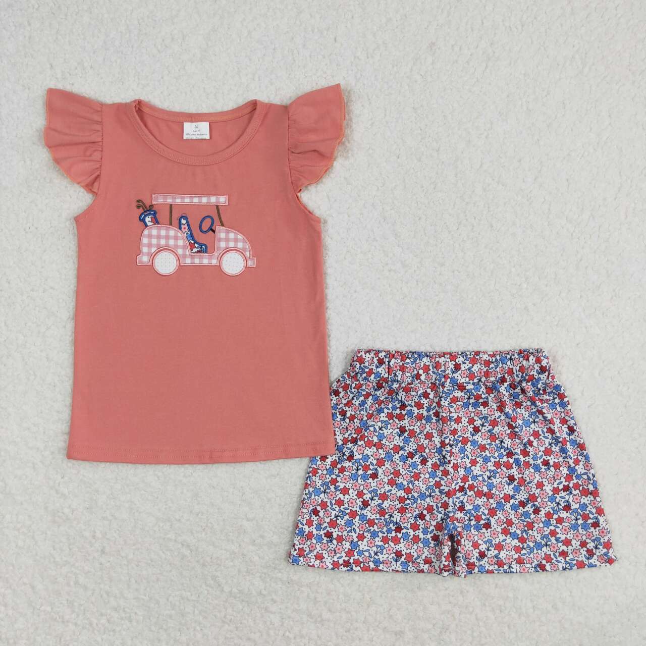 GSSO0669 Golf Truck Embroidery Top Flowers Shorts Girls Summer Clothes Set