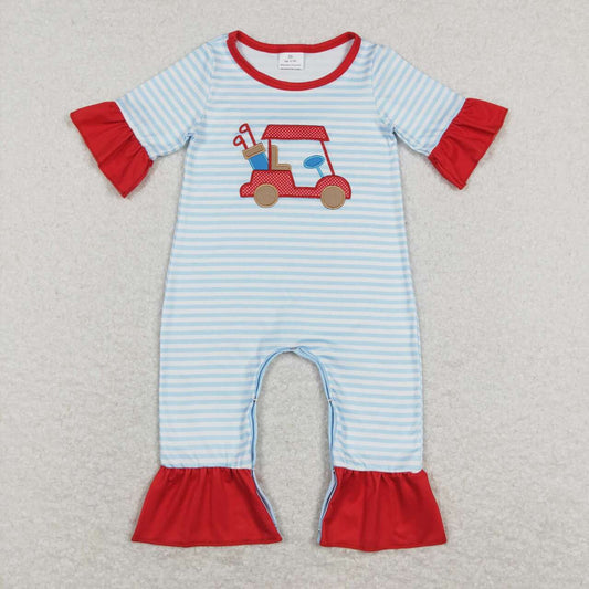 SR0699  Club Car Embroidery Stripes Print Baby Girls Summer Romper