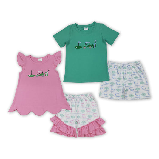 Golf Trucks Embroidery Top Shorts Kids Summer Clothes Set Sibling Wear