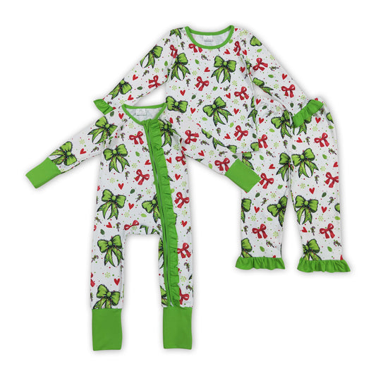 Green Bows Candy Print Girls Christmas Pajamas Matching Clothes
