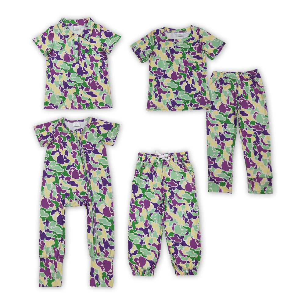 Green Purple Camo Print Boys Mardi Gras Clothes Brothers Matching Wear