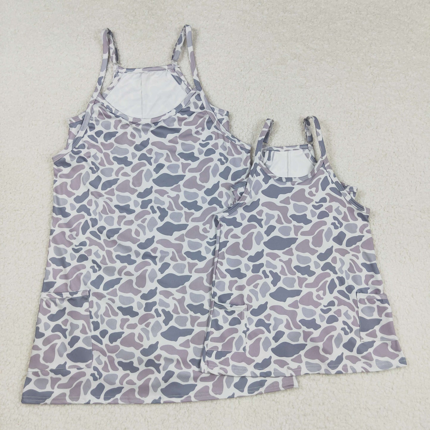 Grey Camo Print Strap Pockets Mom and Me Summer Knee Length Yoga Dress