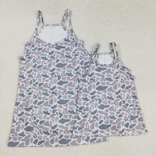 Grey Camo Print Strap Pockets Mom and Me Summer Knee Length Yoga Dress