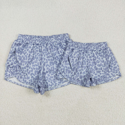 Grey Leopard Print Mom and Me Summer Zipper Pockets Bottom Yoga Shorts