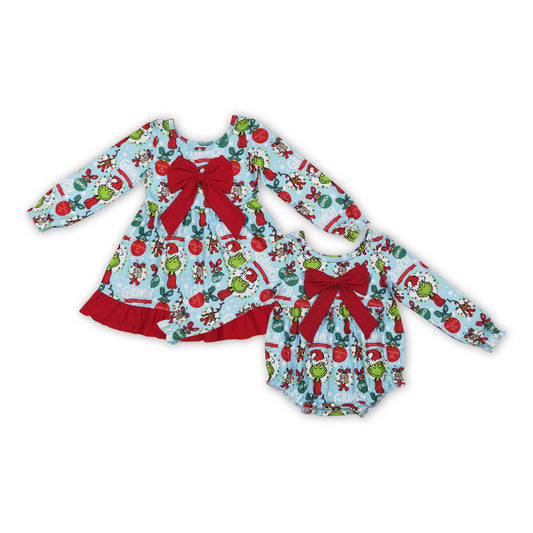Green Frog Blue Print Girls Christmas Clothes Sisters Matching Wear