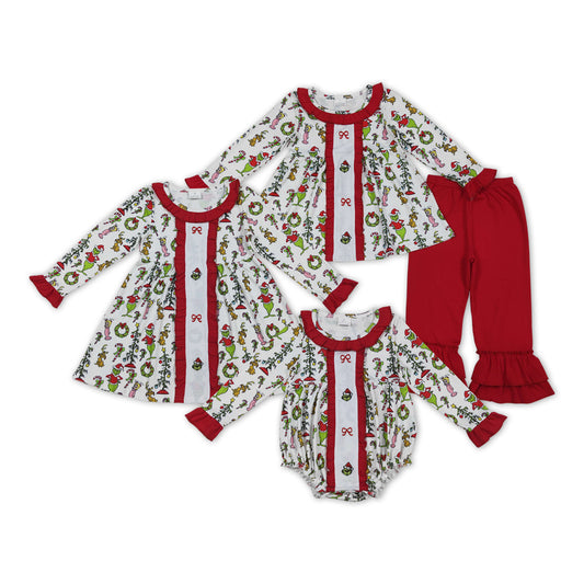 Green Frog Bows Embroidery Girls Christmas Clothes Sisters Matching Wear