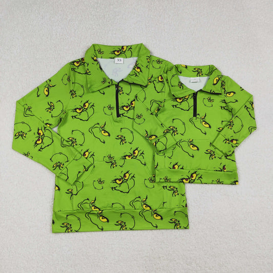 Green Frog Smiling Face Print Mom and Me Christmas Zipper Pullover Tee Shirts Top