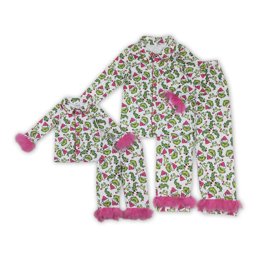 Green Frog Pink Print Mom and Me Christmas Buttons Pajamas Matching Clothes Set