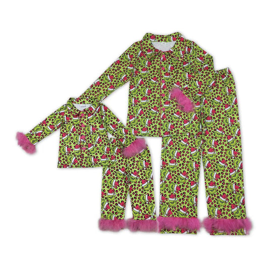 Green Frog Leopard Print Mom and Me Matching Christmas Buttons Fur Pajamas Family Clothes Set