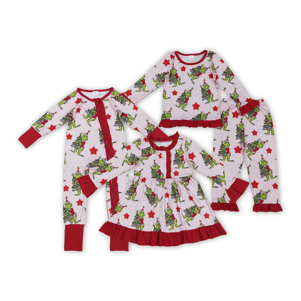 Green Frog Stars Print Girls Christmas Clothes Sisters Matching Wear