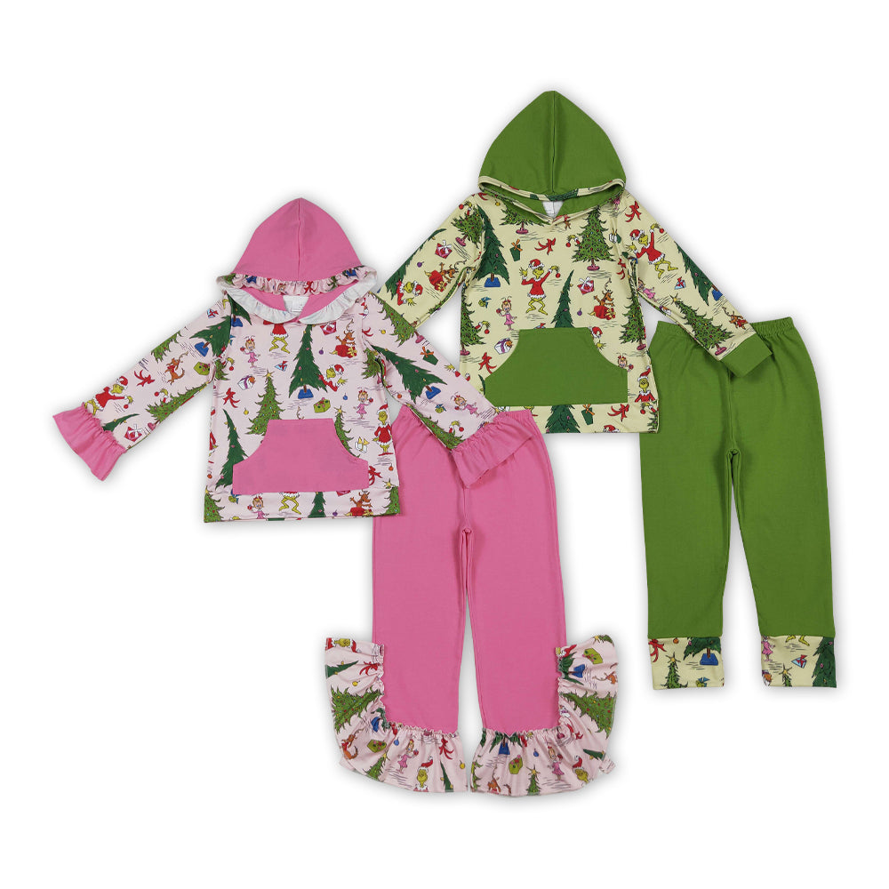 Green Frog Tree Hoodie Pocket Top Ruffle Pants Kids Christmas Clothes Set Sibling Wear