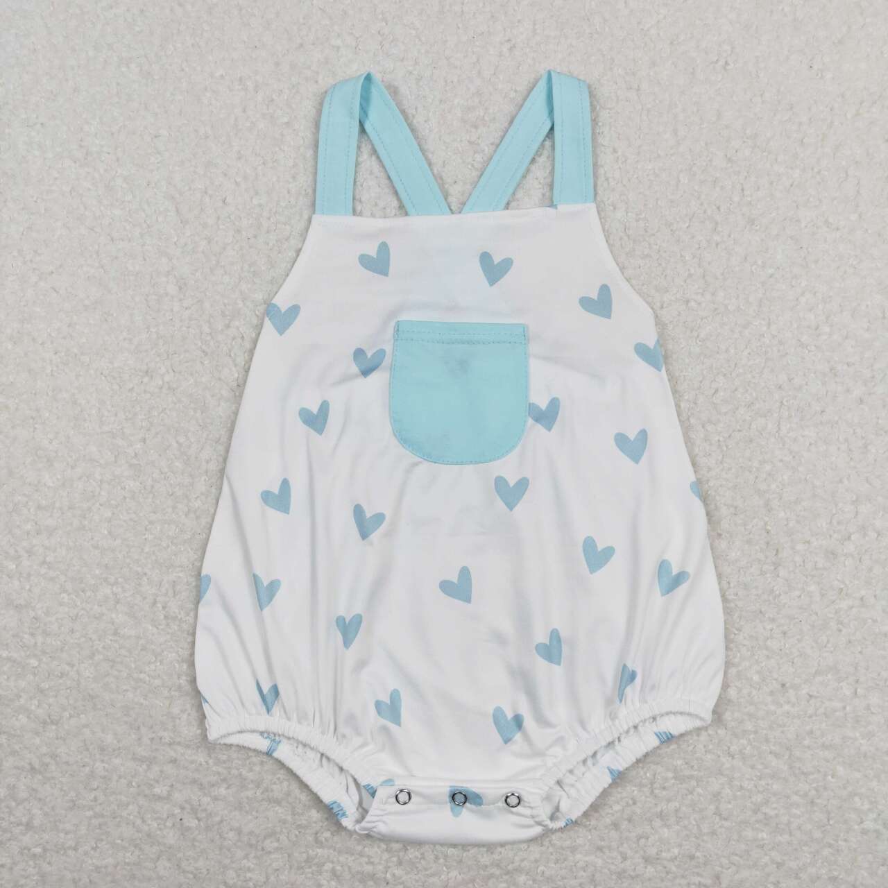 SR0732  Blue Heart Print Baby Boys Pocket Valentine's Romper