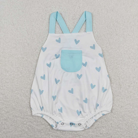 SR0732  Blue Heart Print Baby Boys Pocket Valentine's Romper